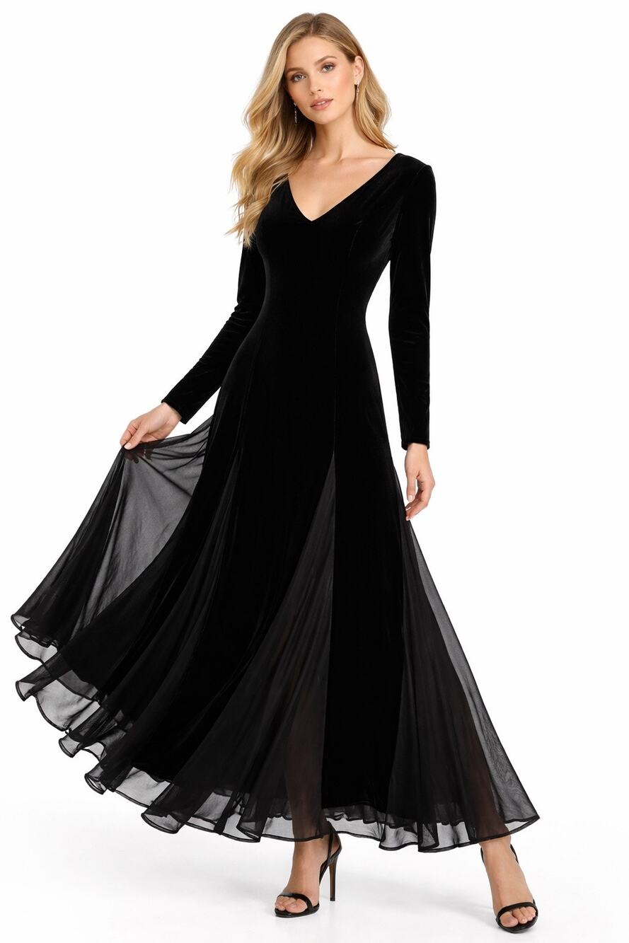1990s Kelly Bishop Black Velvet Sheer Panel Maxi Dress 6